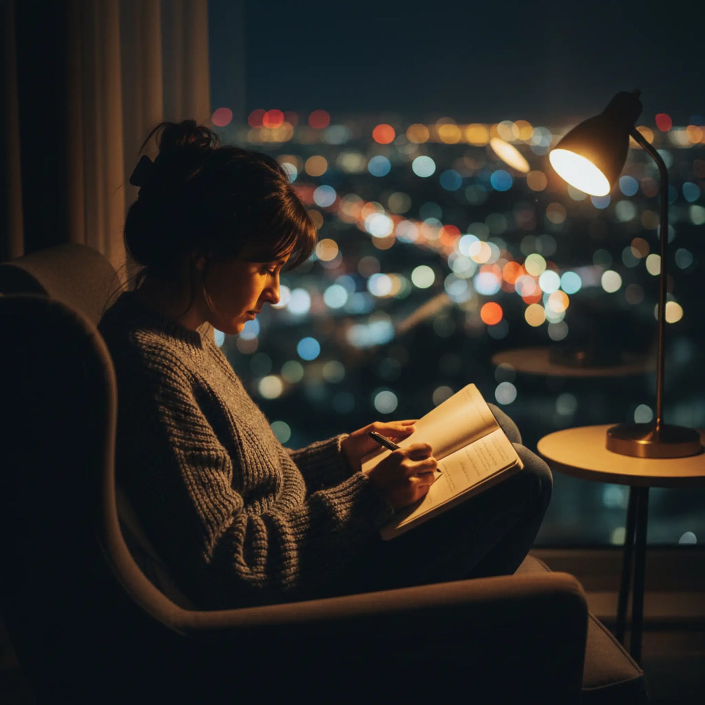 femmme ecrivant dans son cahier personnalise de note pratiquant le developpement personnel devant sa fenetre