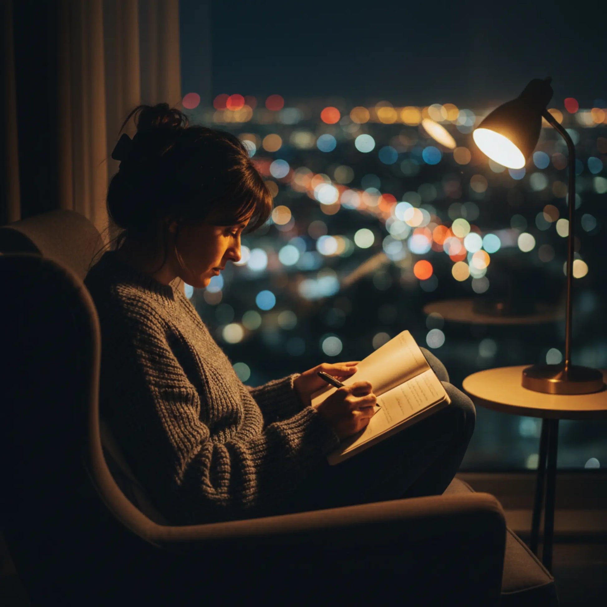 femmme ecrivant dans son cahier personnalise de note pratiquant le developpement personnel devant sa fenetre