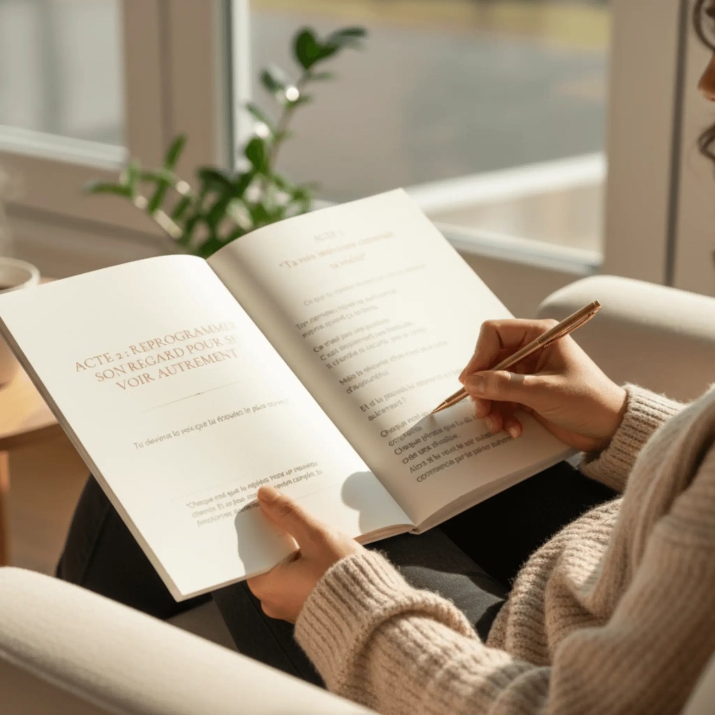 femme assise dans son canapé en train d'écrire dans son journal de vision transformation