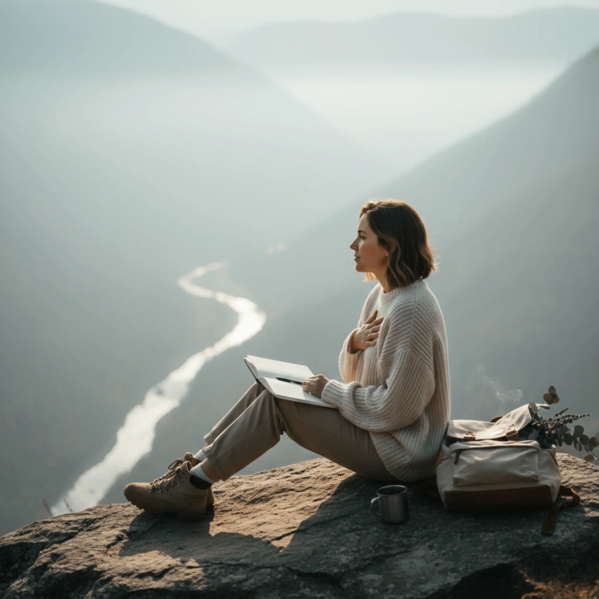 femme à la montagne profite d'un moment de calme pour utiliser son chaier personnalise et mediter