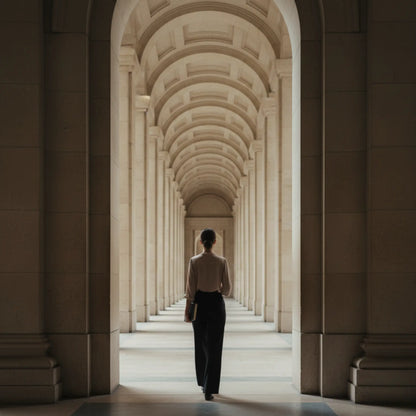 femme marchant dans un couloir d'arcade pratiquant la graitude