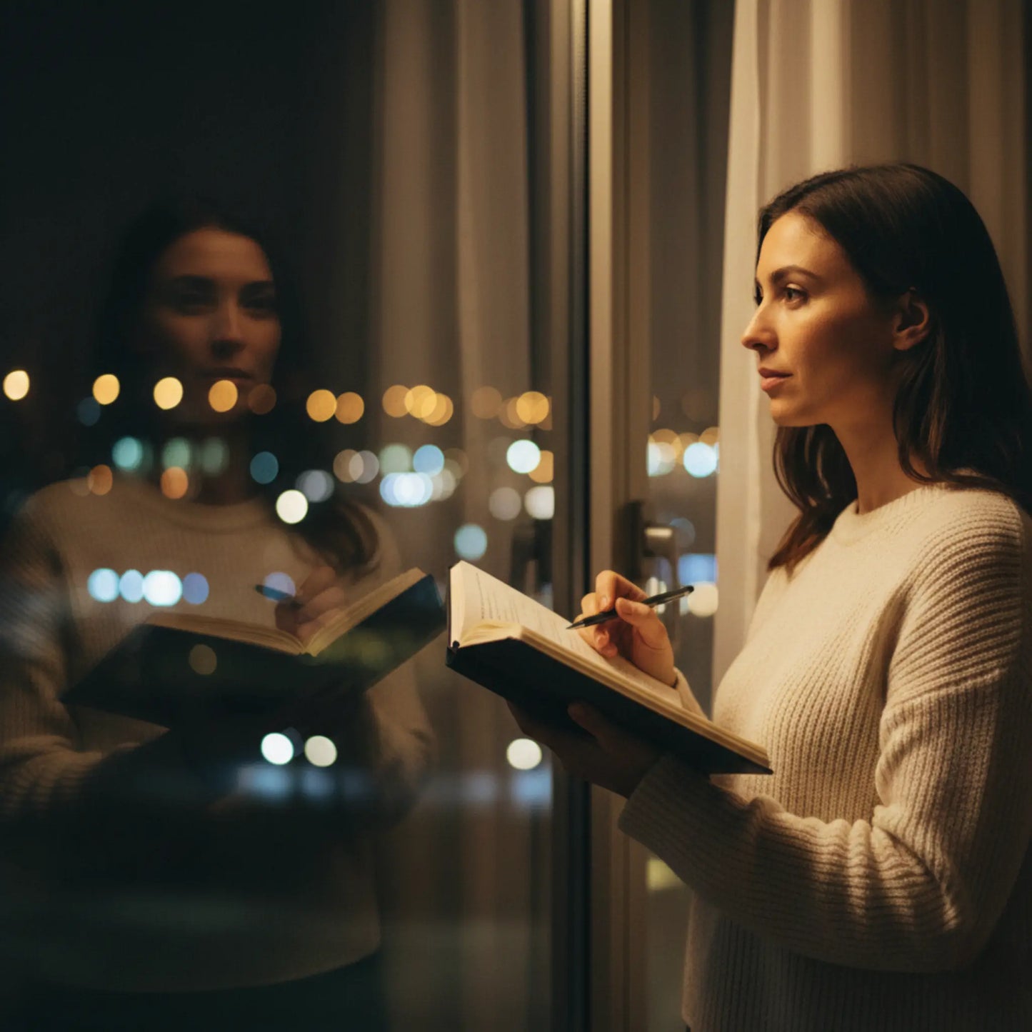 femme pensive devant sa fenetre avec son cahier personnalise
