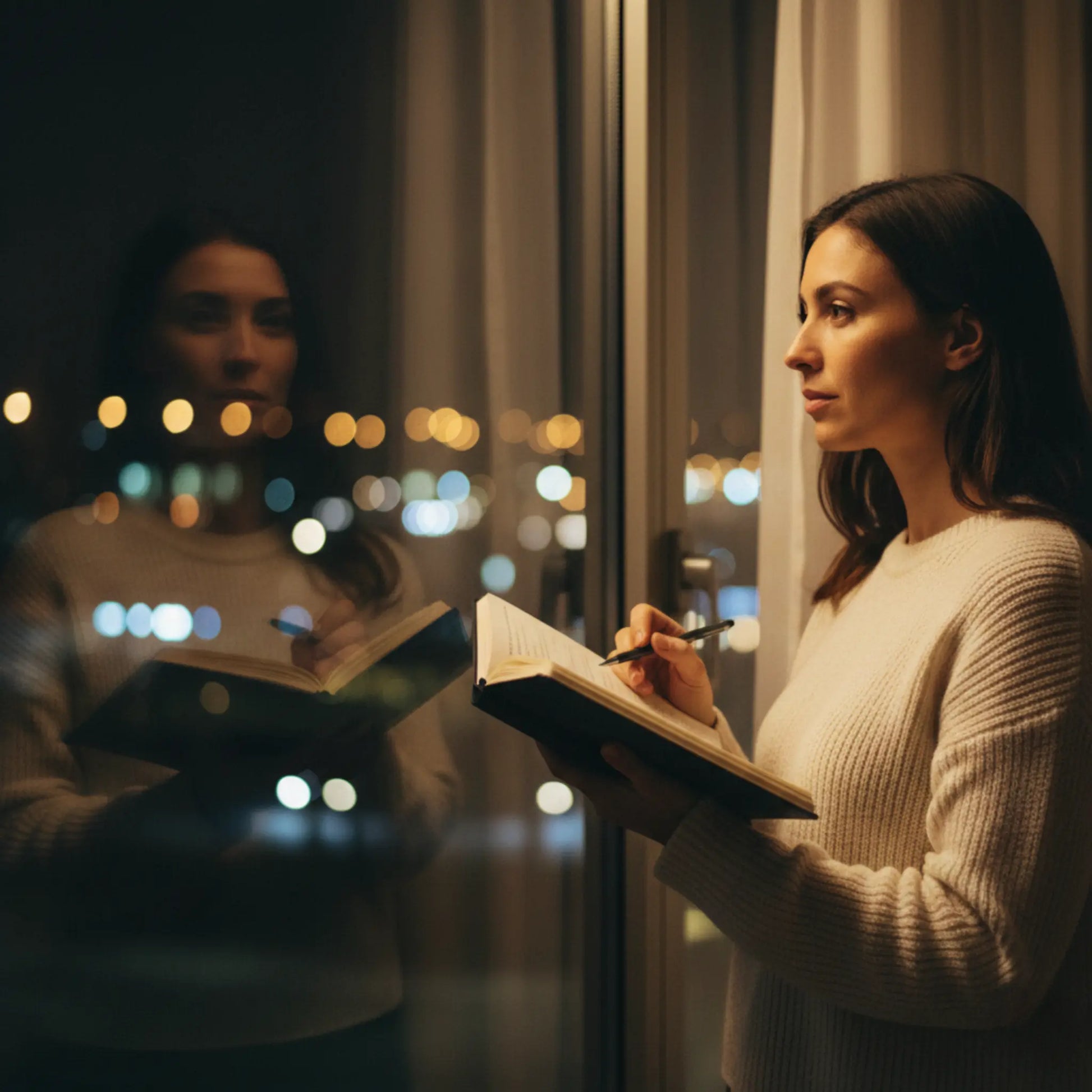femme pensive devant sa fenetre avec son cahier personnalise