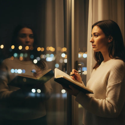 femme pensive devant sa fenetre avec son cahier personnalise