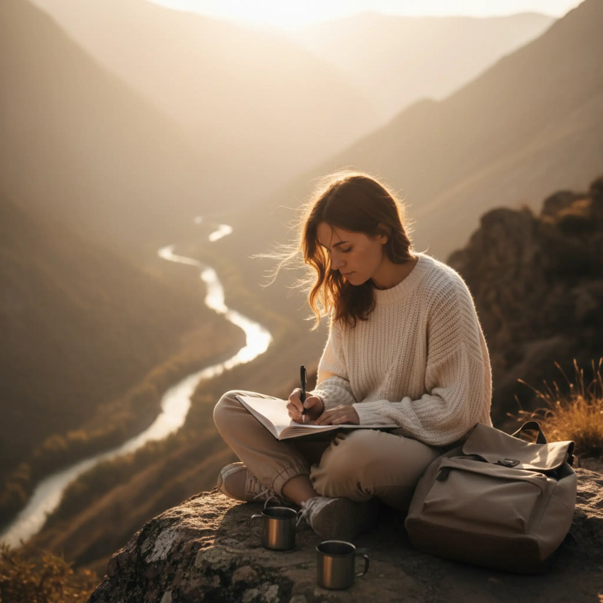 femme dans la montagne écrivant dans son cahier de note 
