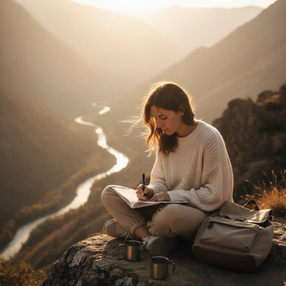 femme dans la montagne écrivant dans son cahier de note 