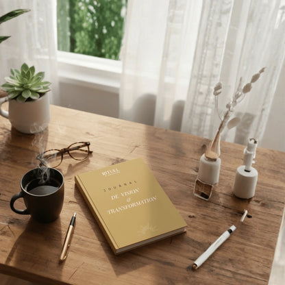 journal introspectif couleur or posé sur un bureau en bois