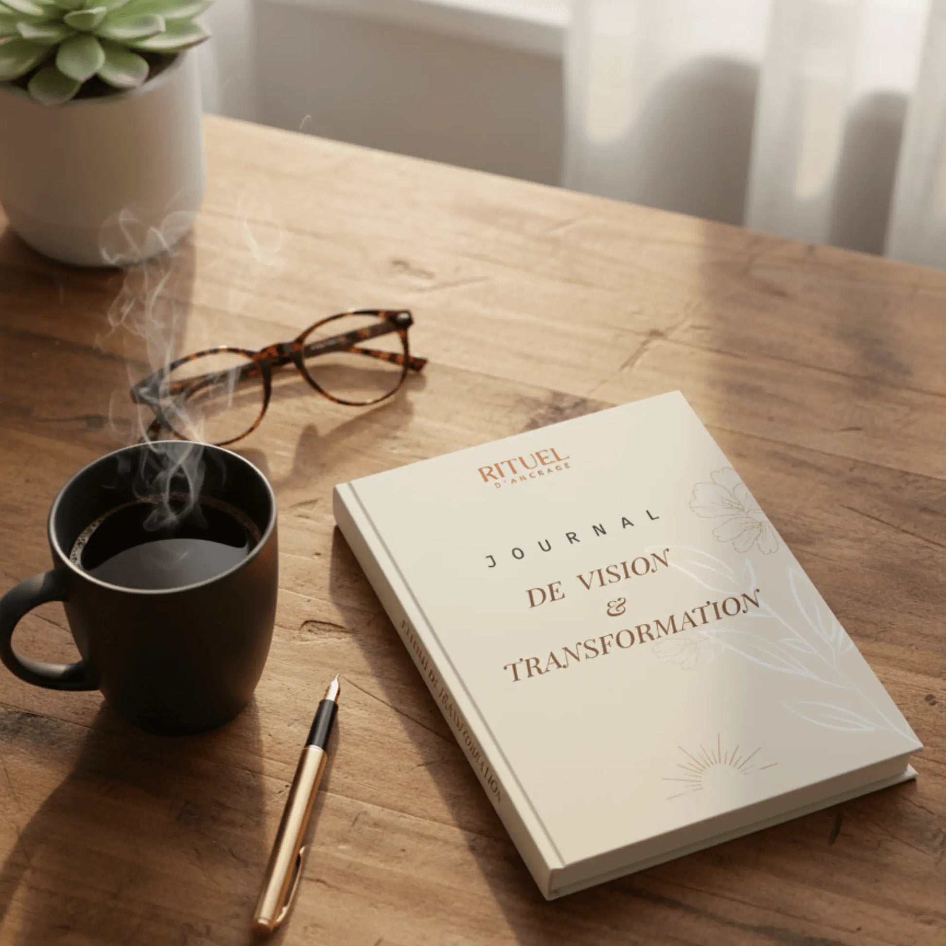 journal vision transformation sur bureau en bois avec un café un stylo et une plante 