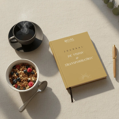 journal-de-vision-transformation-a-plat sur une table avec un bol de céréale et une cueillere