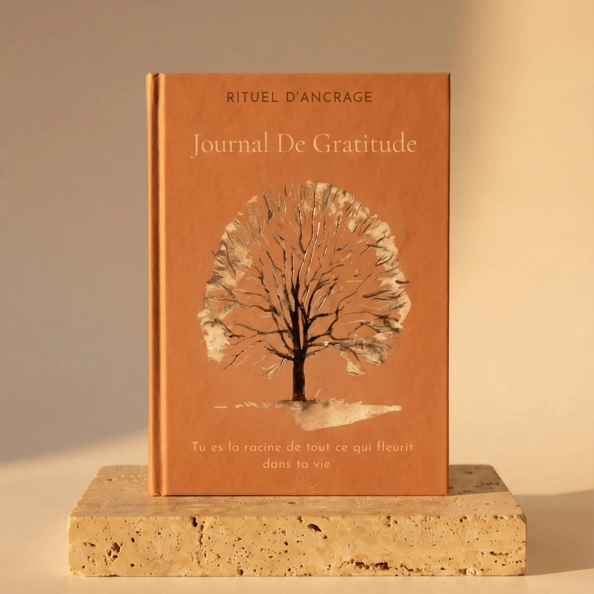 journal de gratitude rituel d'ancrage posé sur une pierre avec le soleil éclairant le journal