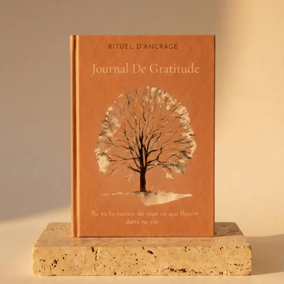 journal de gratitude rituel d'ancrage posé sur une pierre avec le soleil éclairant le journal