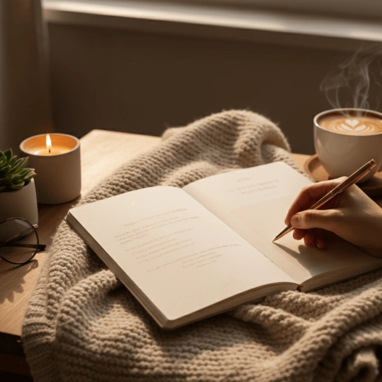 journal page ouverte avec une main en train d'écrire dans le journal sur un bureau