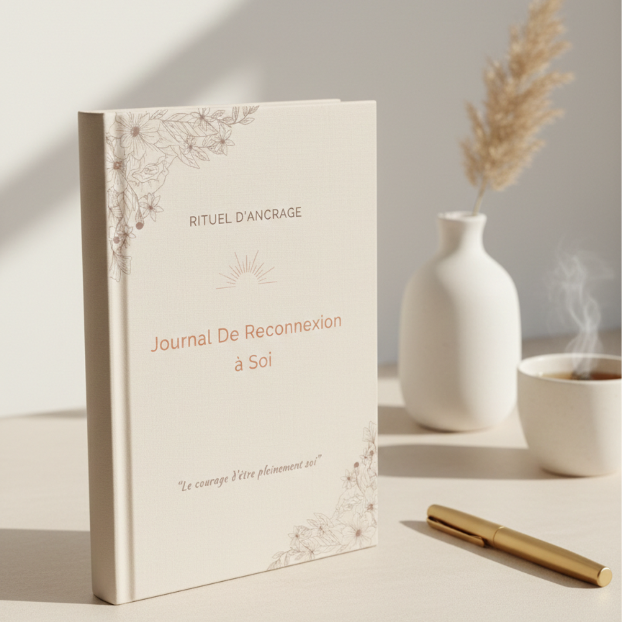 Journal de Reconnexion à Soi Rituel d'Ancrage posé sur une table avec vase et stylo doré
