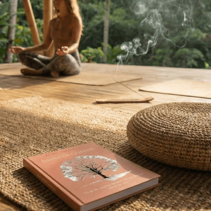 journal de gratitude a proximité d'une femme en meditation