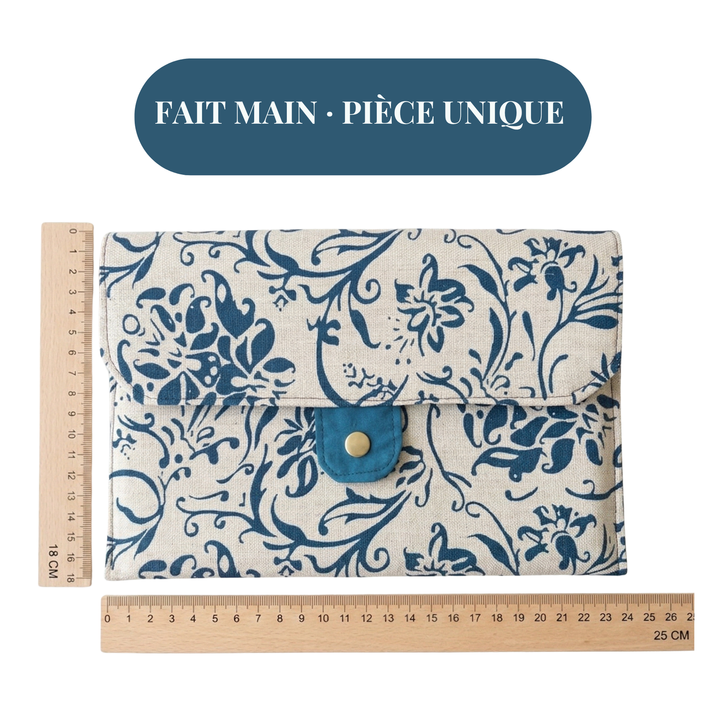Pochette artisanale lin coton Marine fait main pièce unique — dimensions 25x18 cm, cadeau maman personnalisé fait main