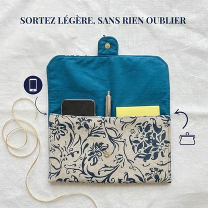 Pochette artisanale lin coton Marine ouverte — poches intérieures pour téléphone et stylo, fait main cadeau maman