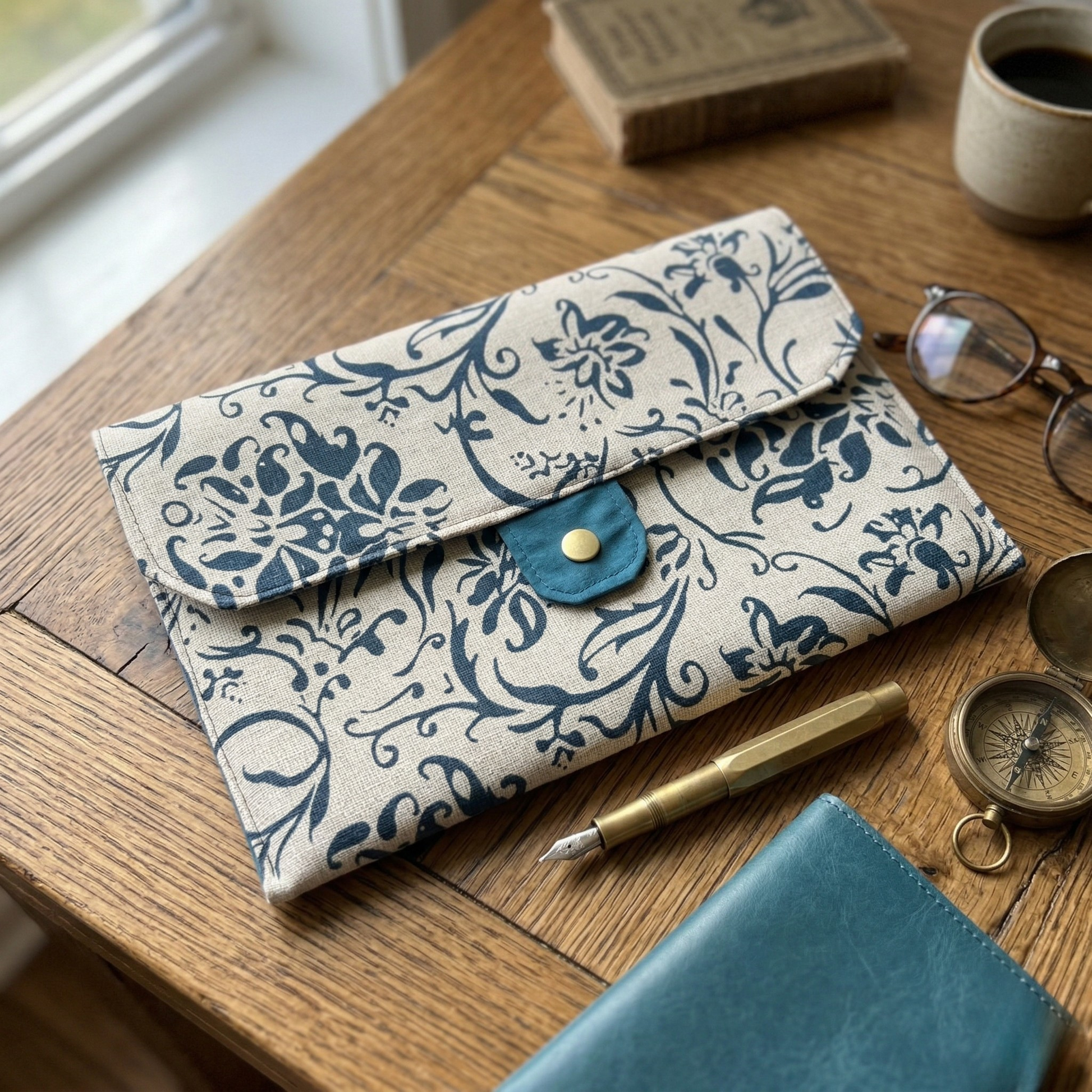 Pochette artisanale lin coton Marine posée sur bureau bois avec stylo laiton — cadeau maman fait main élégant