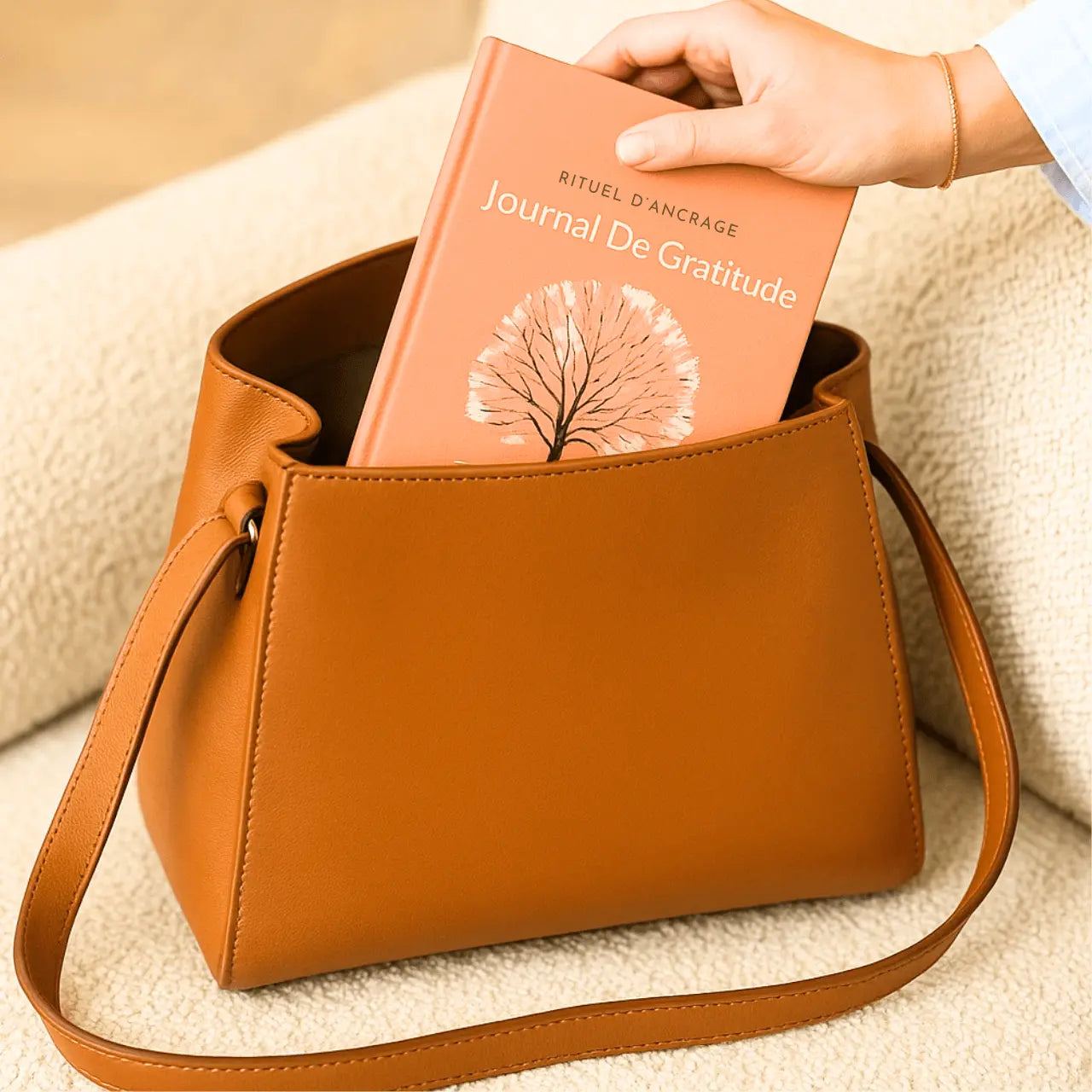 femme mettant son journal de gratitude dans son sac à main