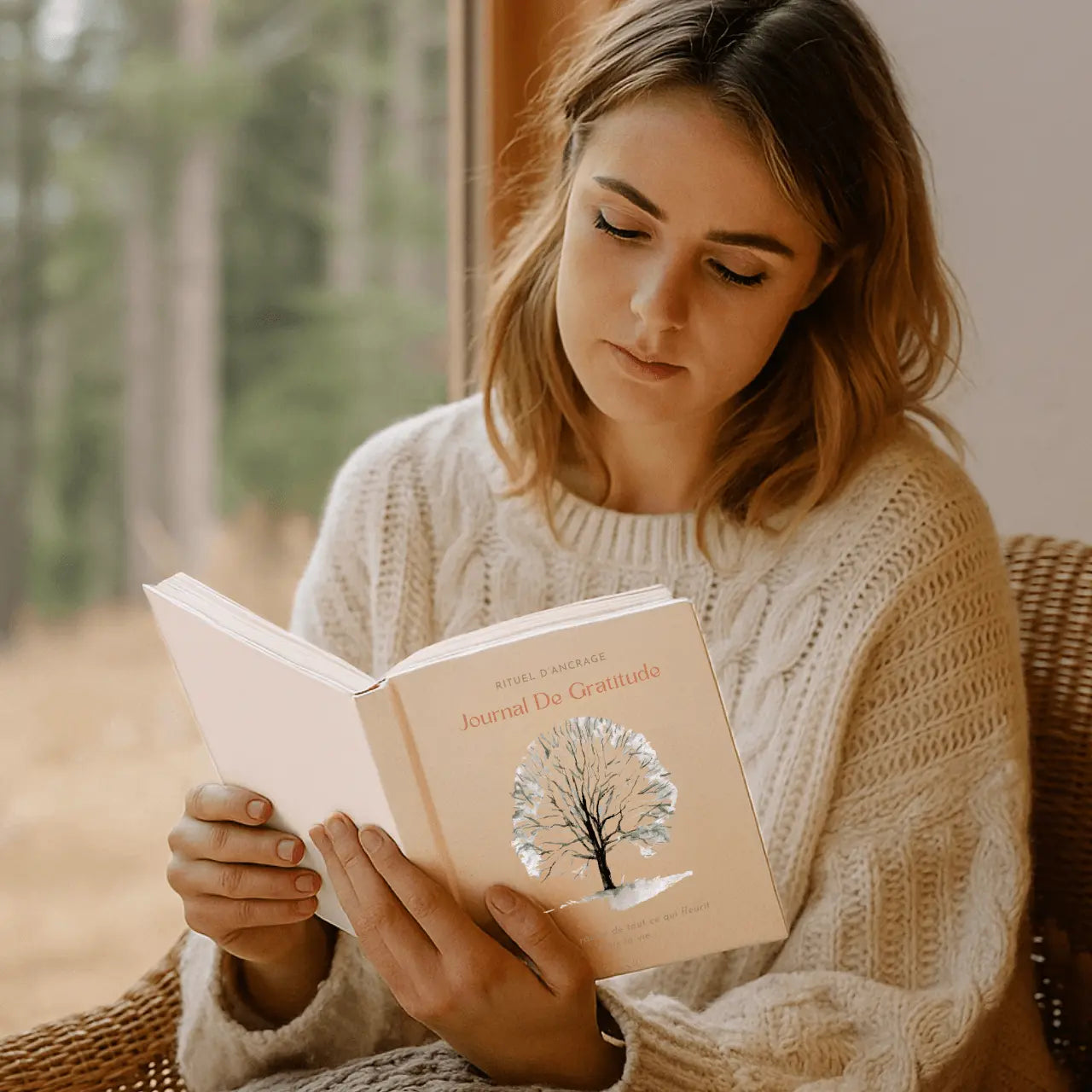 femme au bord d'une fenetre pratiquant la gratitude son carnet de gratitude à la main