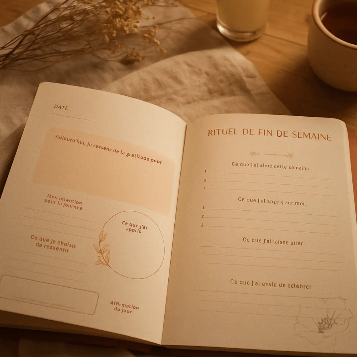 carnet ouvert sur le rituel du matin posé sur une table en bois avec un brin de blé et un café