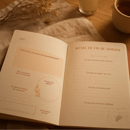 carnet ouvert sur le rituel du matin posé sur une table en bois avec un brin de blé et un café